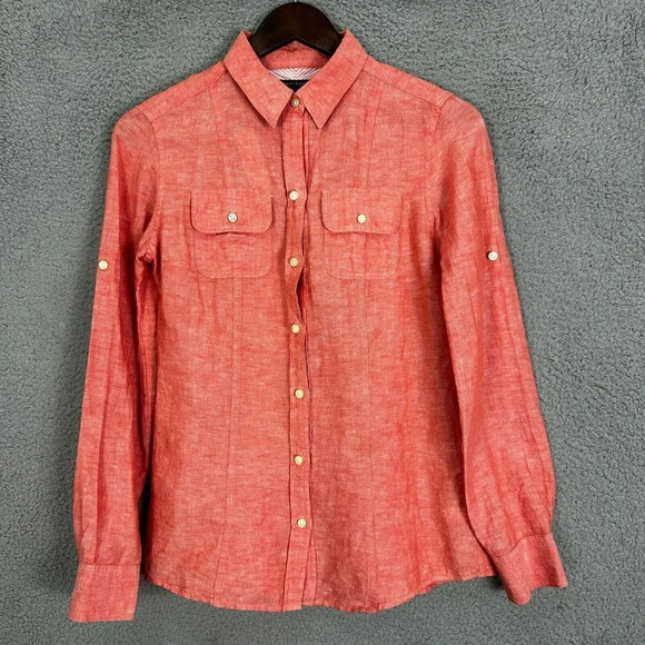 Banana Republic top women 2P orange chambray button up linen blend office career - Picture 1 of 7
